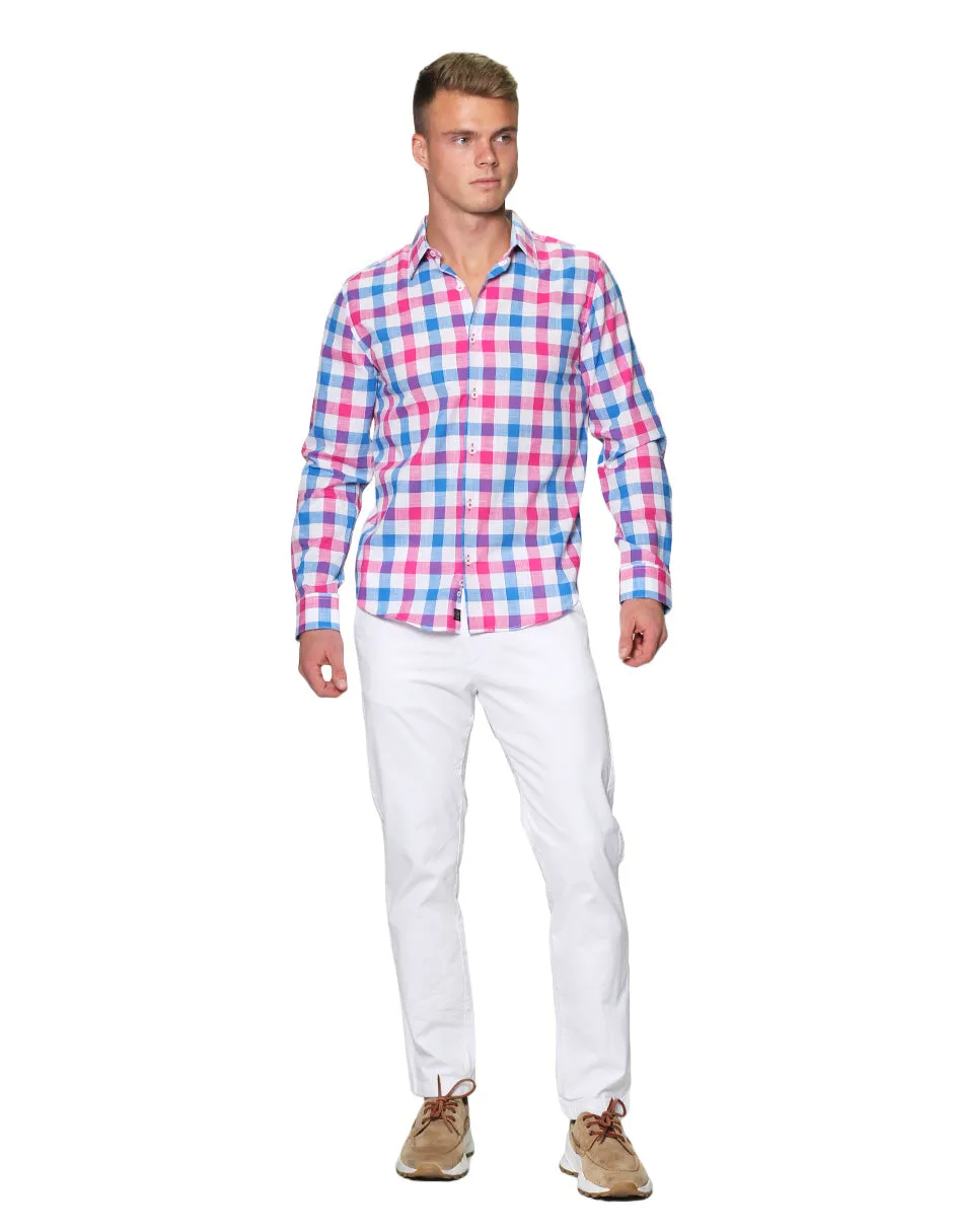 Camisas Para Hombre Manga Larga Cuadros Tipo Lino Slim Fit B31305 Rosa