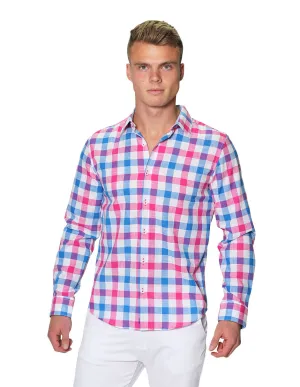 Camisas Para Hombre Manga Larga Cuadros Tipo Lino Slim Fit B31305 Rosa
