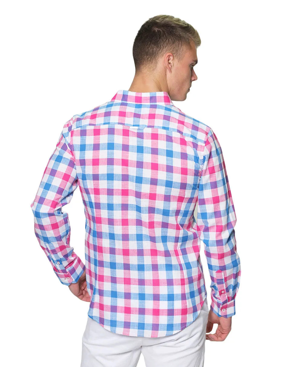 Camisas Para Hombre Manga Larga Cuadros Tipo Lino Slim Fit B31305 Rosa