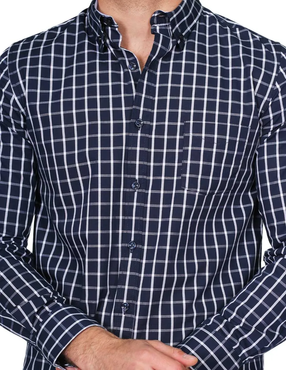 Camisas Para Hombre Manga Larga Regular Fit Cuadros Marino B21209