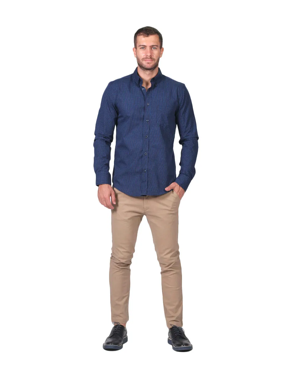 Camisas Para Hombre Moda Manga Larga Cuadros B25224 Marino