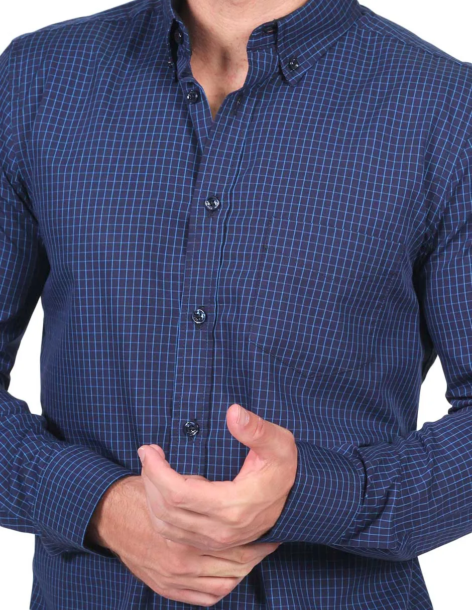 Camisas Para Hombre Moda Manga Larga Cuadros B25224 Marino