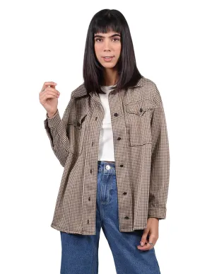 Chaquetas Para Mujer Oversize Estampado de Cuadros Con Bolsas Camel Q13112
