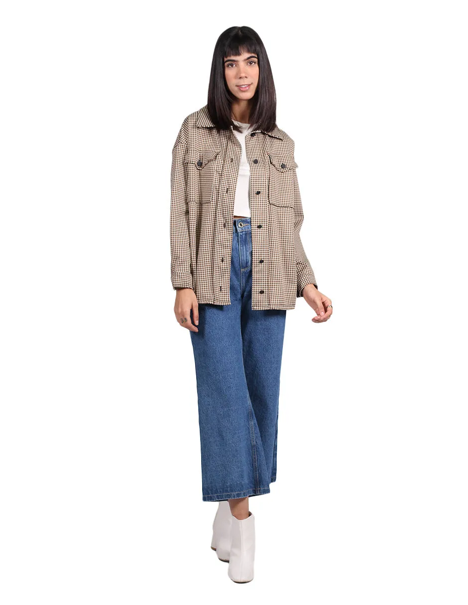Chaquetas Para Mujer Oversize Estampado de Cuadros Con Bolsas Camel Q13112