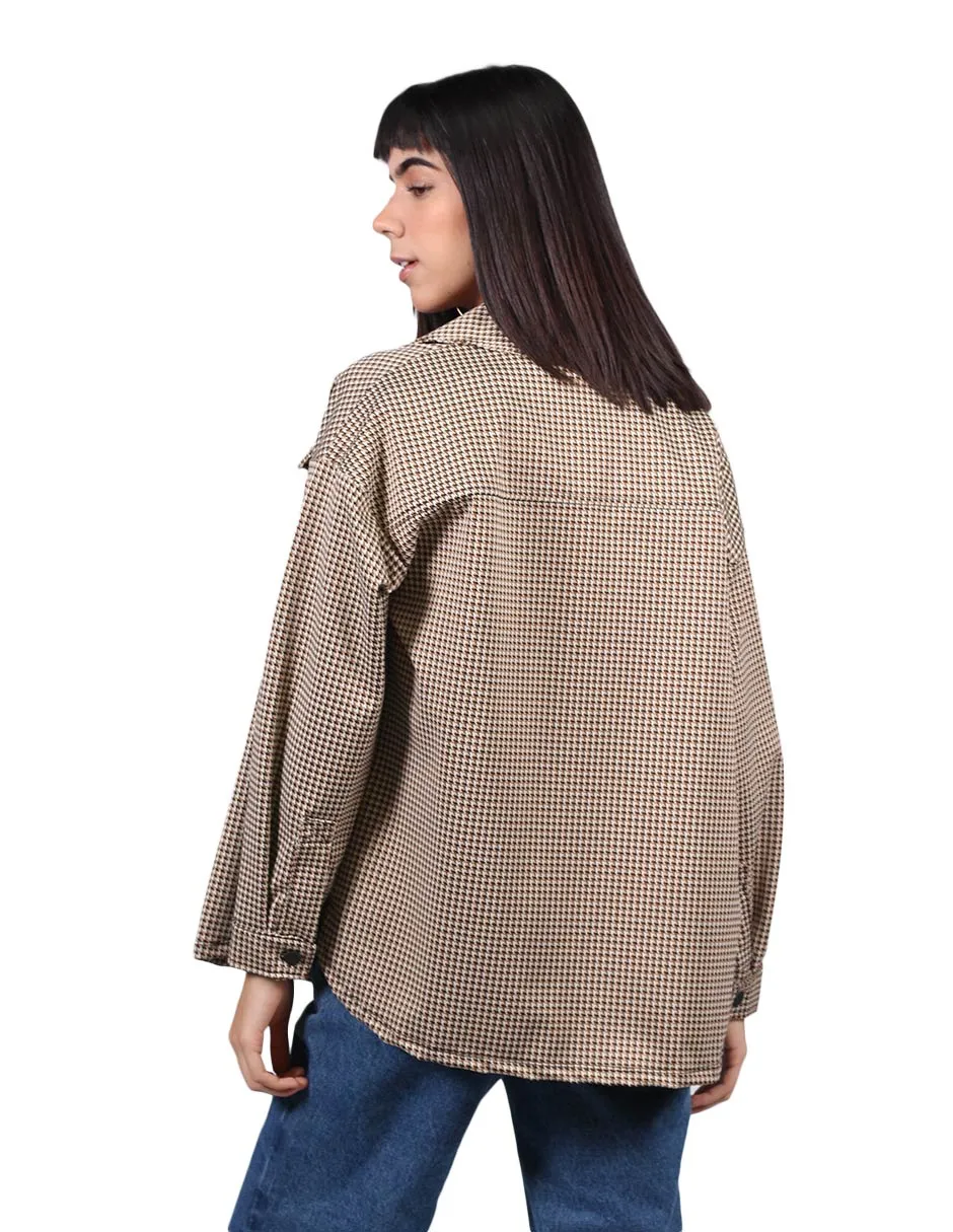 Chaquetas Para Mujer Oversize Estampado de Cuadros Con Bolsas Camel Q13112