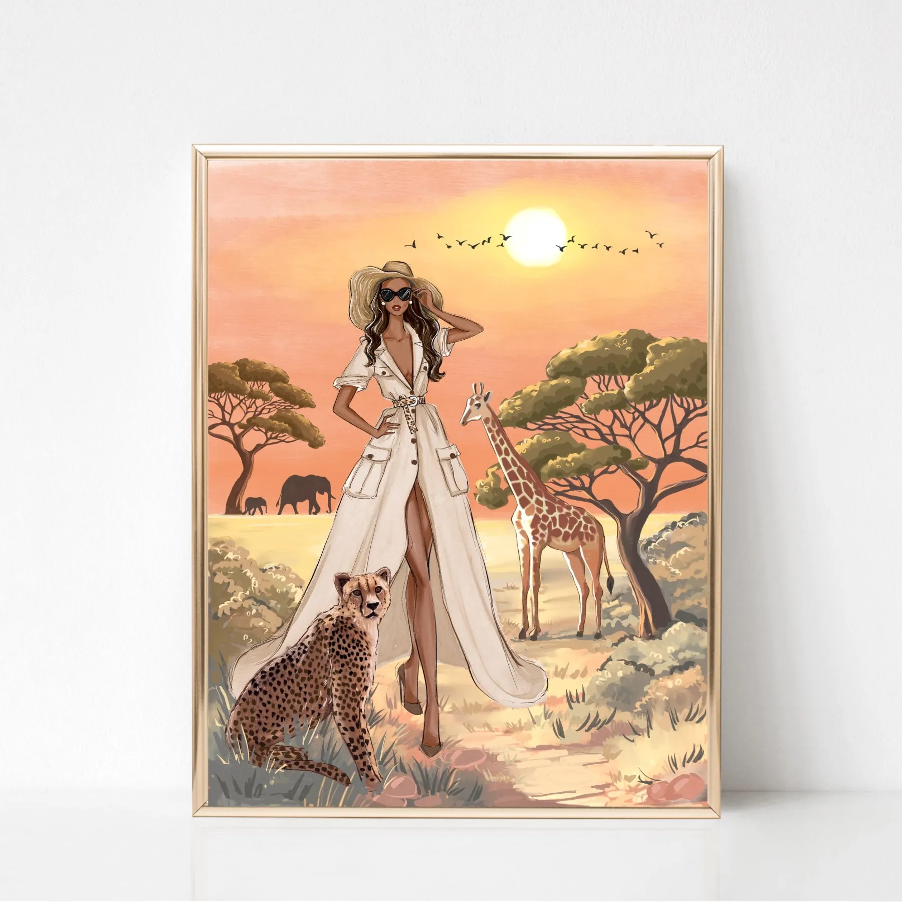 Chic girl in Africa Safari art print fashion illustration