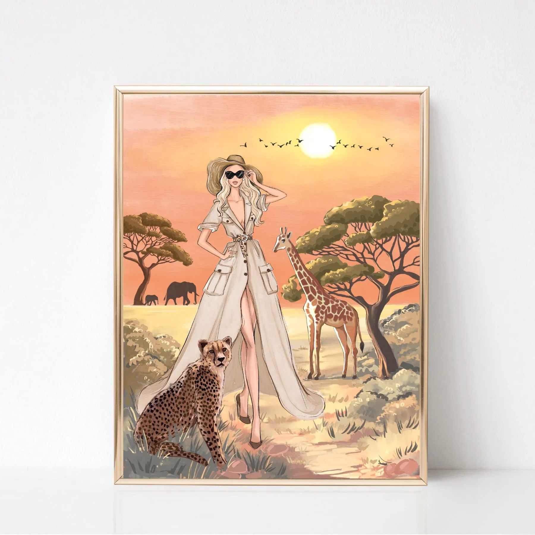 Chic girl in Africa Safari art print fashion illustration