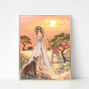 Chic girl in Africa Safari art print fashion illustration