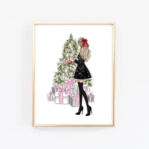 Christmas art fashion illustration of a girl decorating Christmas tree