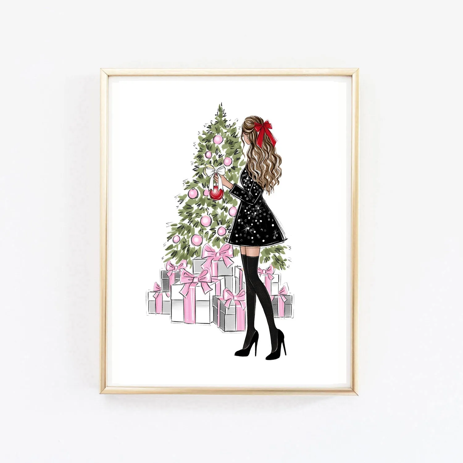 Christmas art fashion illustration of a girl decorating Christmas tree