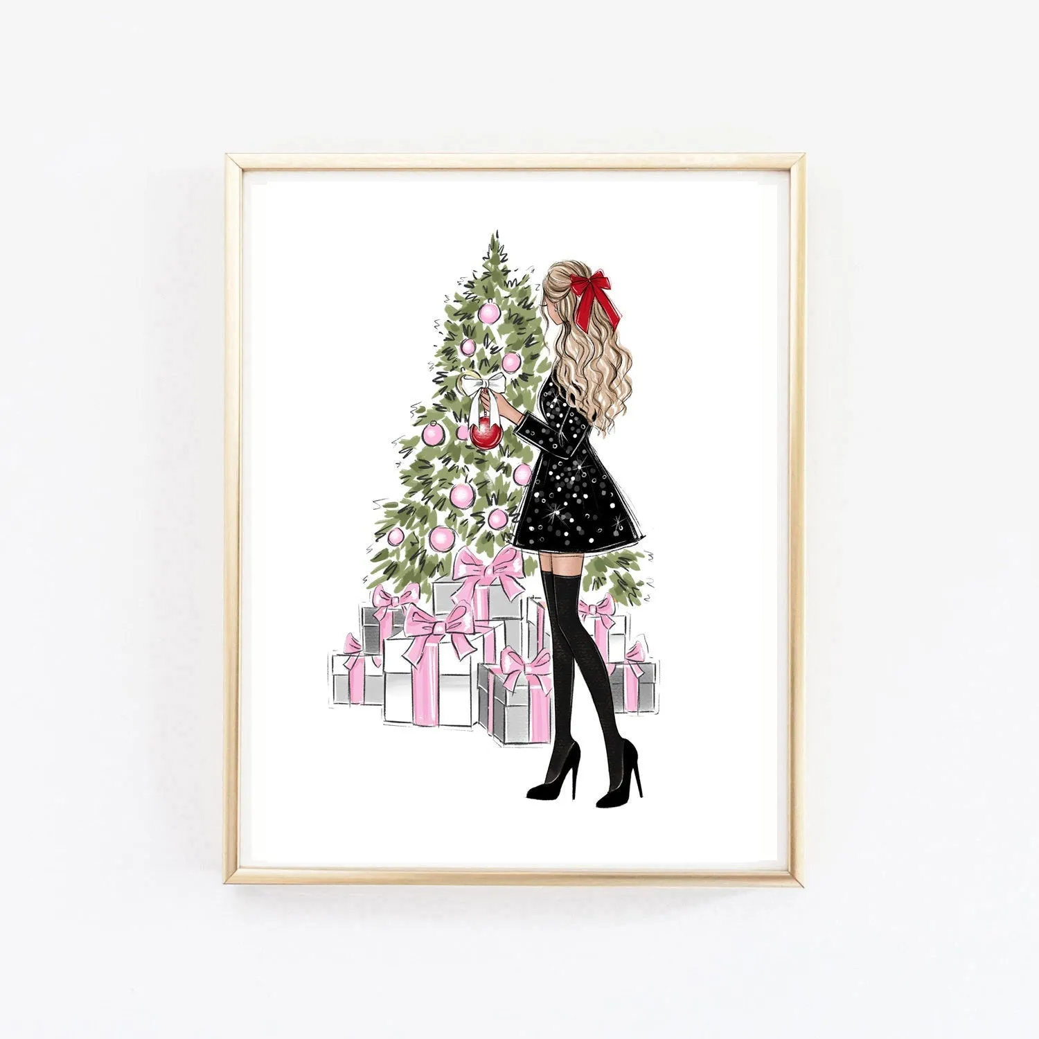 Christmas art fashion illustration of a girl decorating Christmas tree