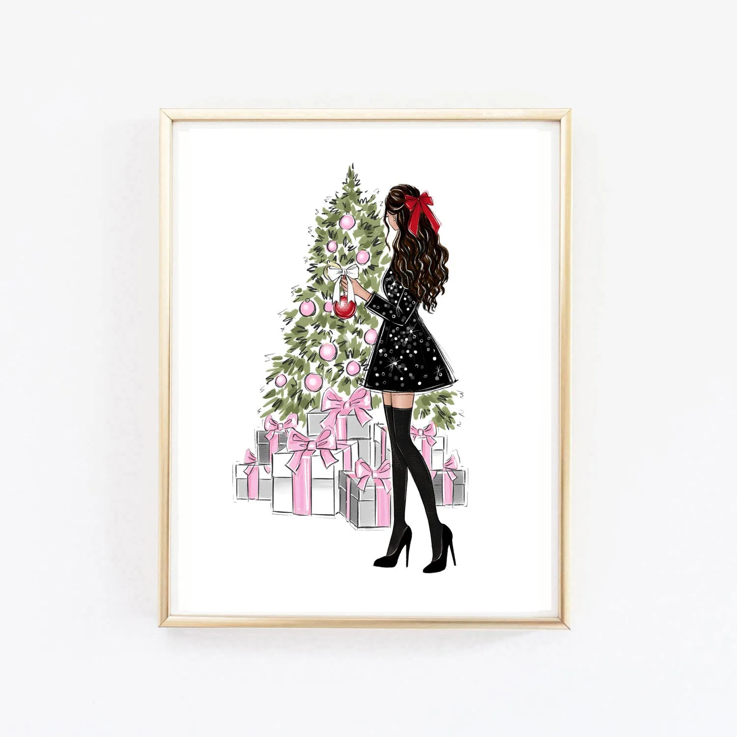 Christmas art fashion illustration of a girl decorating Christmas tree