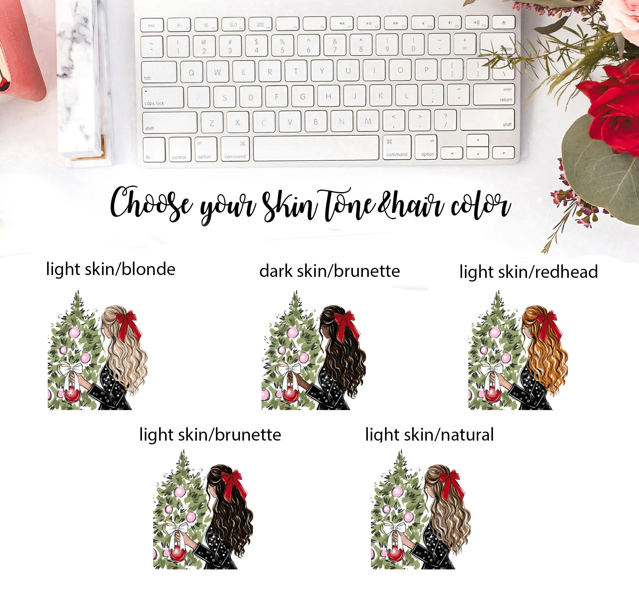 Christmas art fashion illustration of a girl decorating Christmas tree