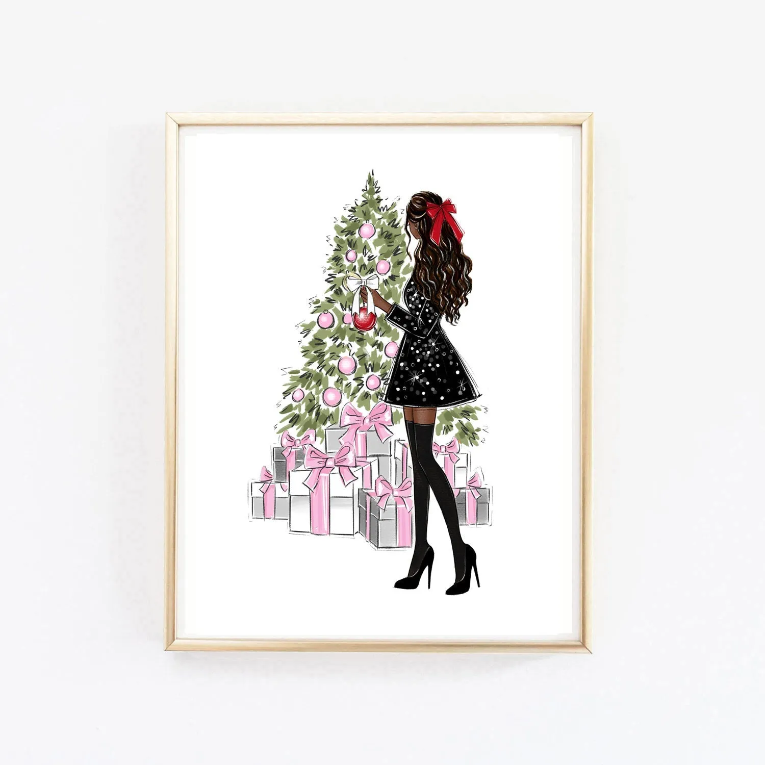 Christmas art fashion illustration of a girl decorating Christmas tree