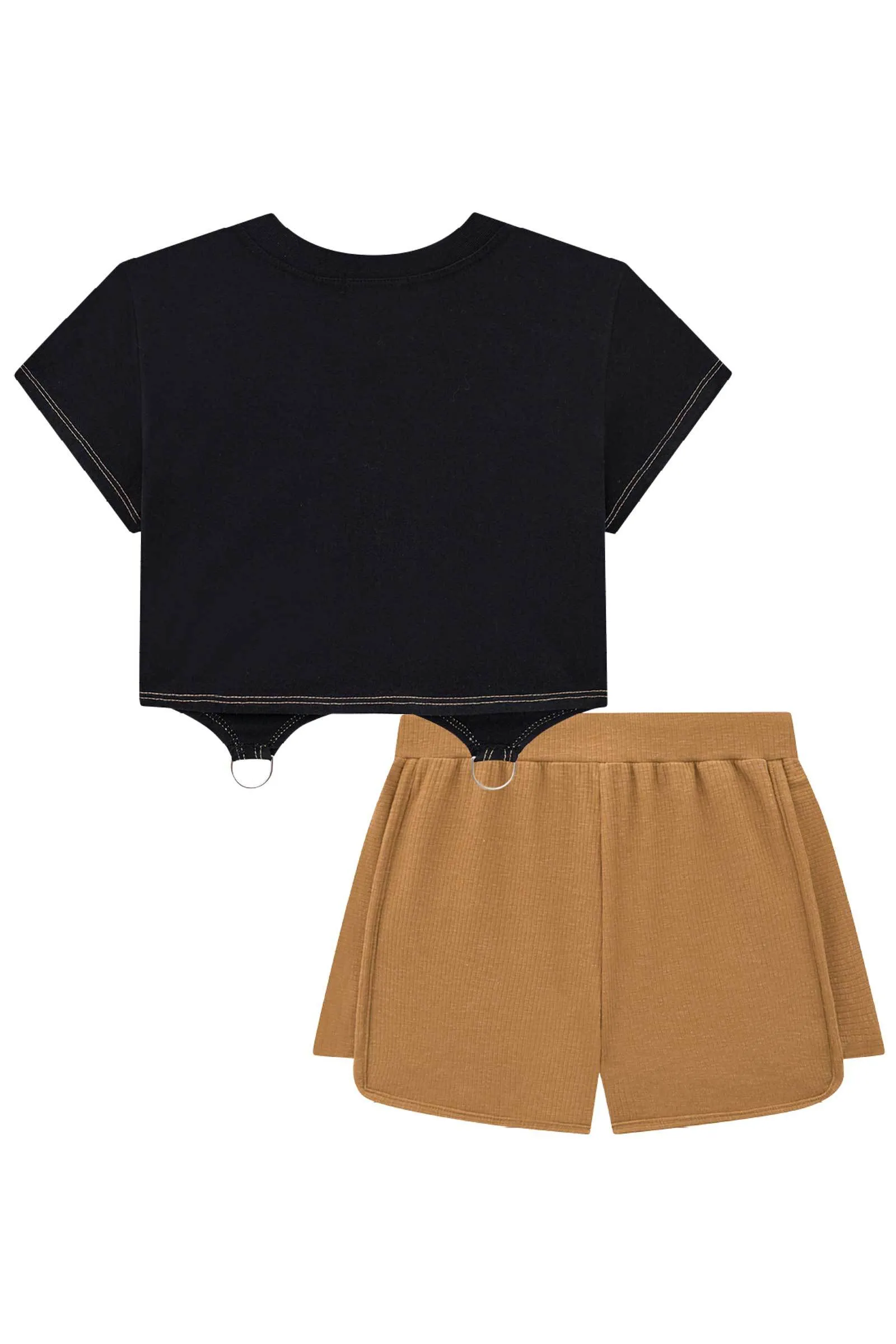 Conjunto de Blusa Top Cropped em Meia Malha e Shorts Cintura Alta em Canelado Maui 74718 Vic&Vicky