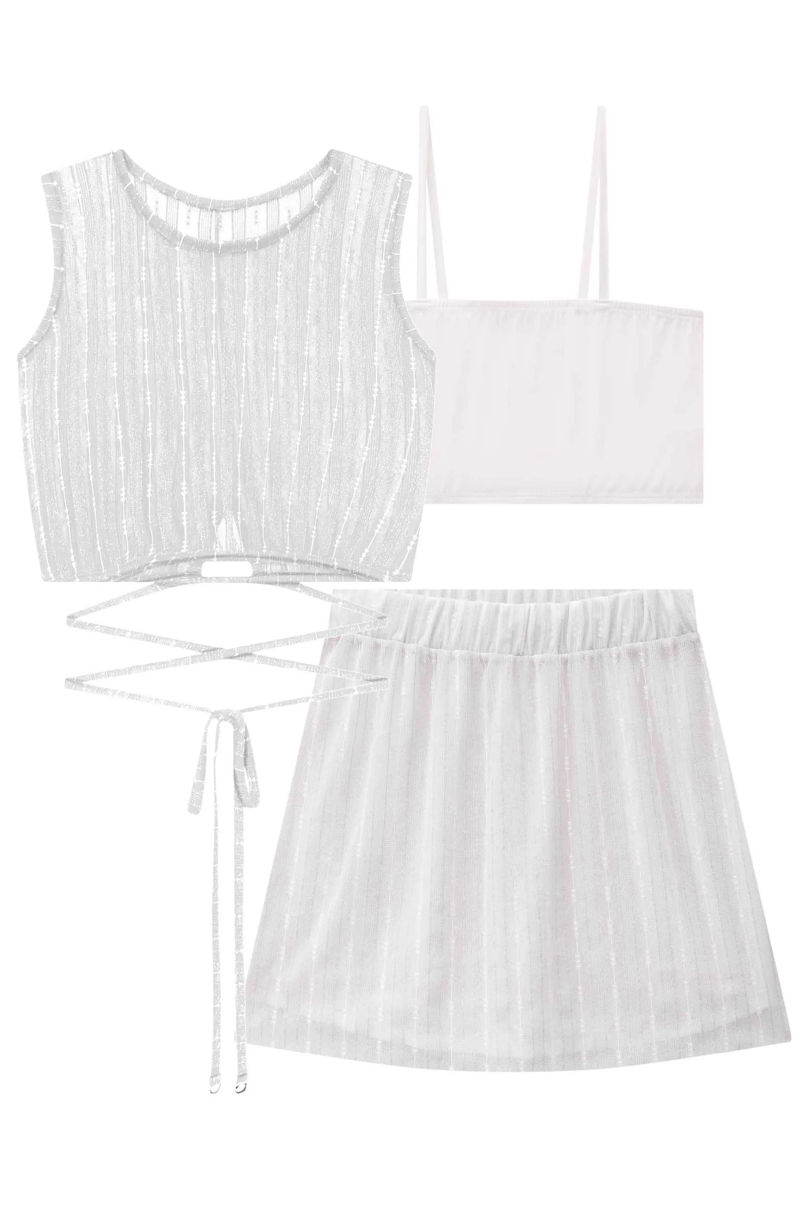 Conjunto de Cropped e Saia Tule Bordado e Top em Cotton 74723 Vic&Vicky