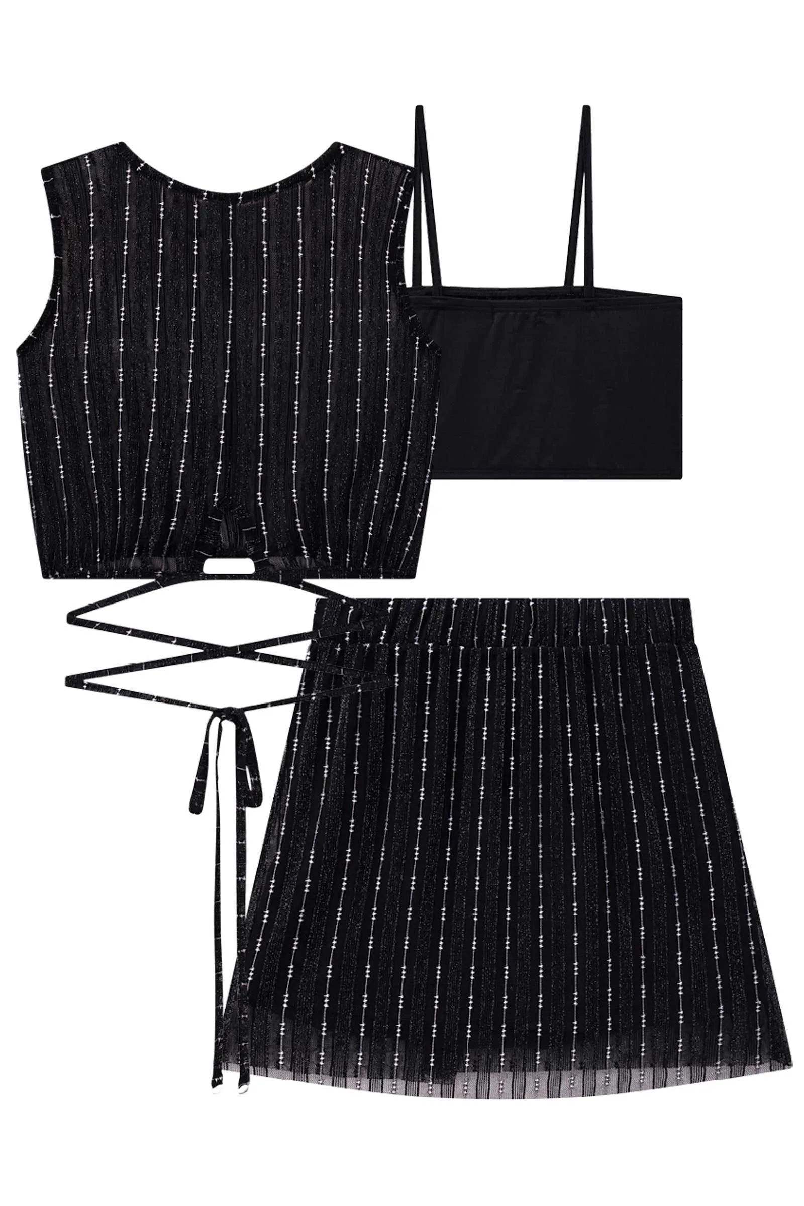 Conjunto de Cropped e Saia Tule Bordado e Top em Cotton 74723 Vic&Vicky