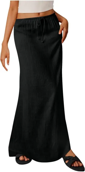 Cotton Linen Maxi Skirts for Women 2025 Drawstring Elastic High Rise Dress A Line Cute Vacation Boho Long Flowy Skirts