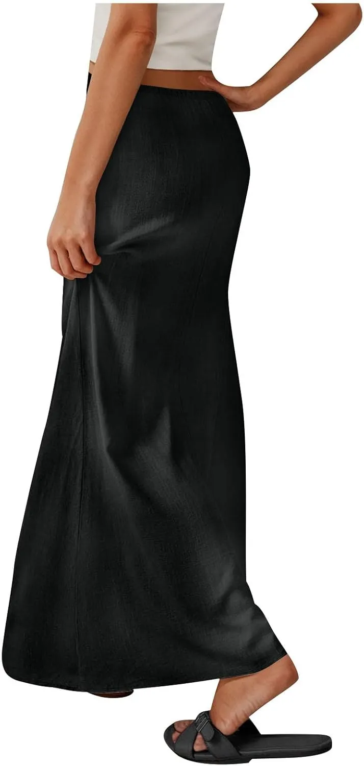 Cotton Linen Maxi Skirts for Women 2025 Drawstring Elastic High Rise Dress A Line Cute Vacation Boho Long Flowy Skirts