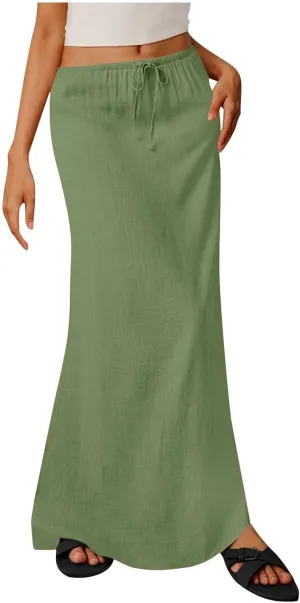 Cotton Linen Maxi Skirts for Women 2025 Drawstring Elastic High Rise Dress A Line Cute Vacation Boho Long Flowy Skirts
