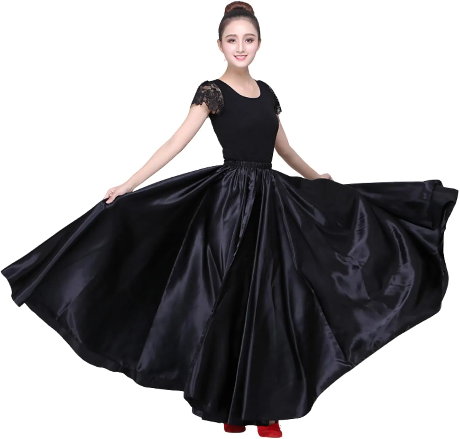 Dance Skirts for Women Satin Full Circle Ankle Length Swing Long Skirt Women Maxi Shiny Skirt for Party Costume Belly Dance