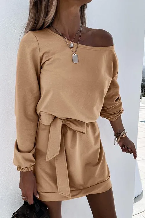Dew Shoulder Belted Long Sleeve Mini Dress