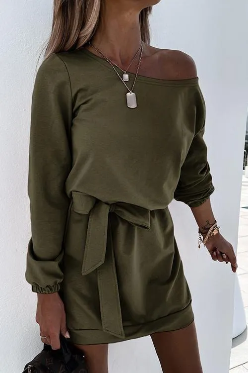 Dew Shoulder Belted Long Sleeve Mini Dress