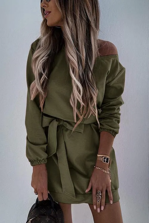 Dew Shoulder Belted Long Sleeve Mini Dress