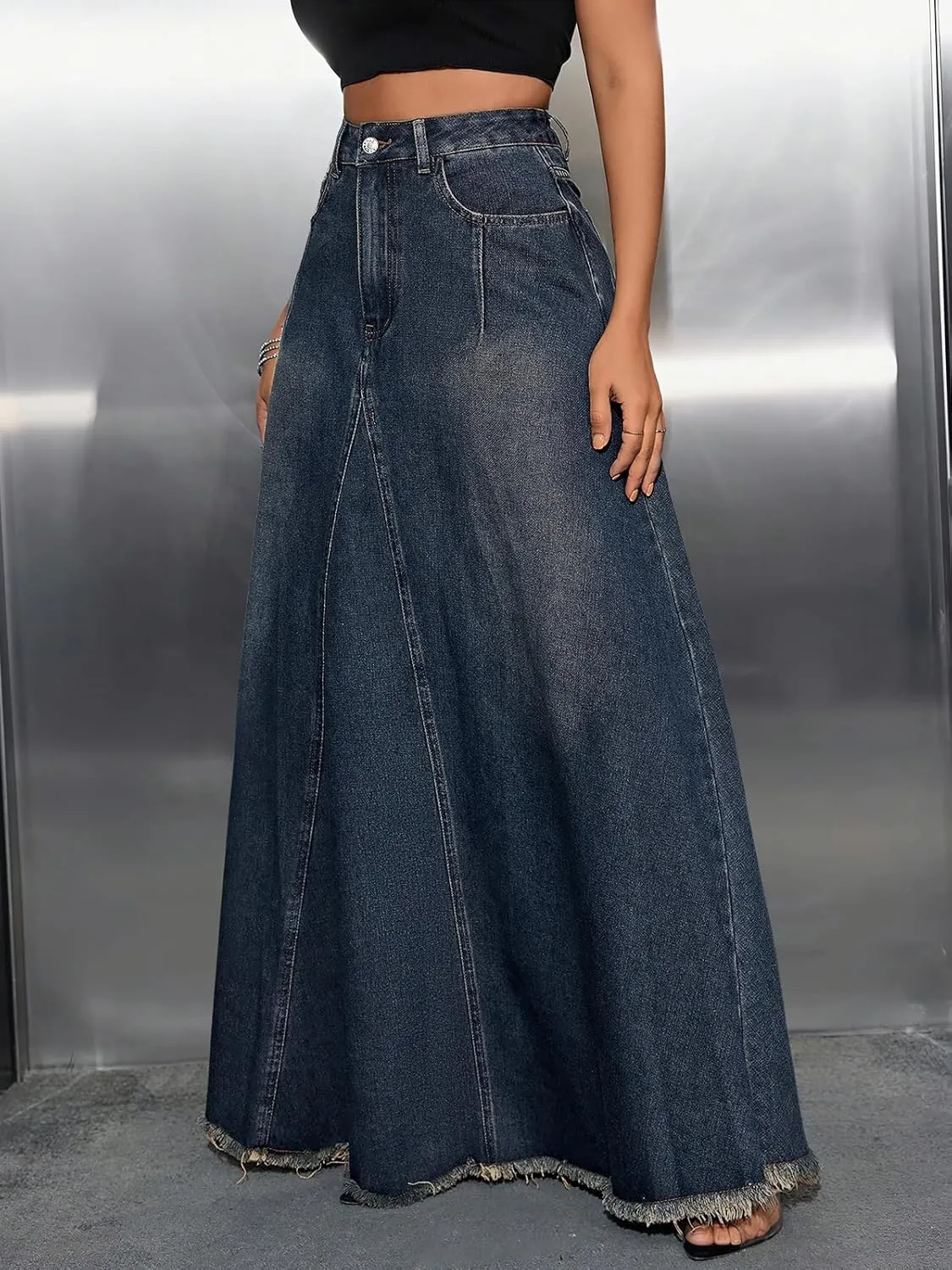 ebossy Women's Retro Distressed High Waist Frayed Hem A Line Wash Maxi Long Denim Skirt with Pockets