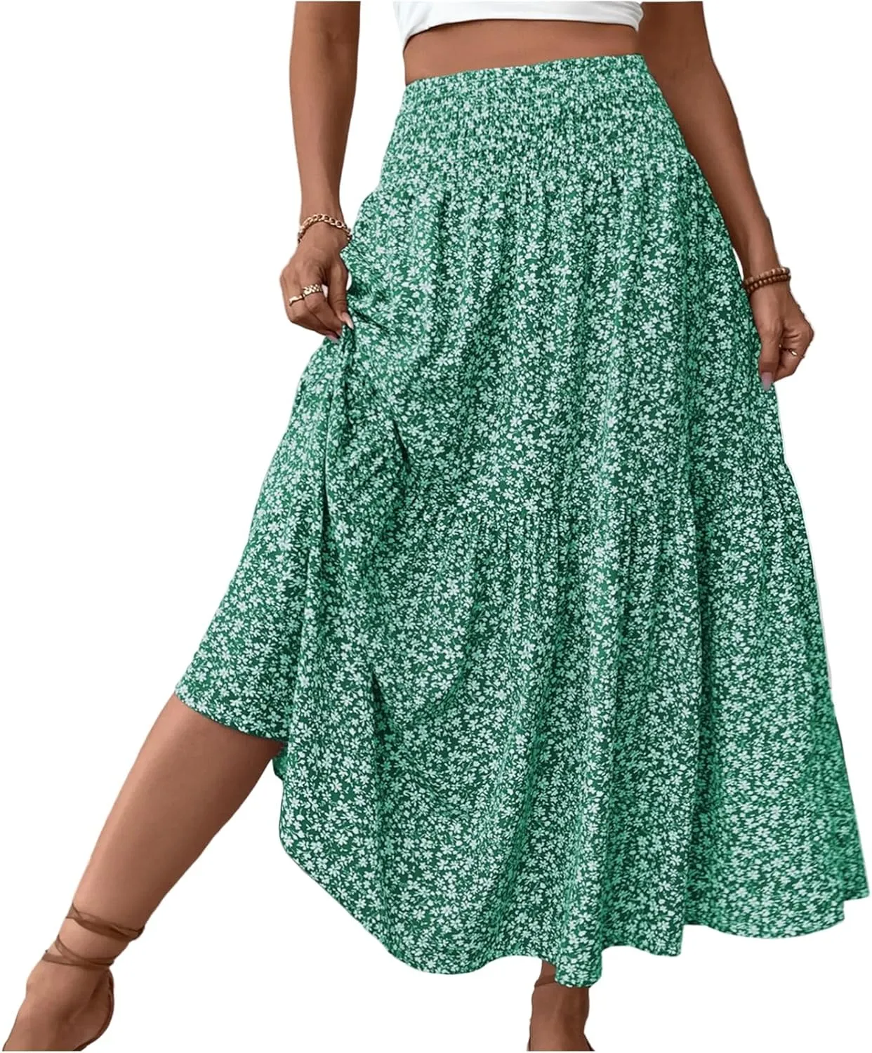 Floral Maxi Skirts for Women 2025 Boho Smocked High Waisted Aline Long Skirts Summer Vacation Beach Skirt with Pocket
