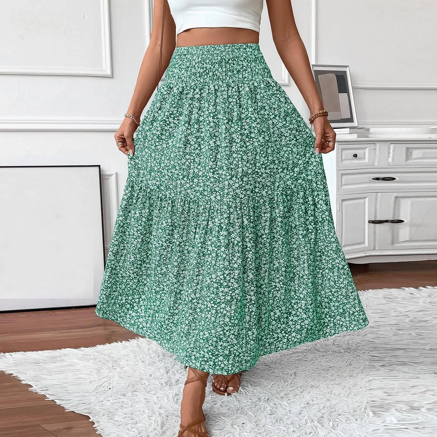 Floral Maxi Skirts for Women 2025 Boho Smocked High Waisted Aline Long Skirts Summer Vacation Beach Skirt with Pocket