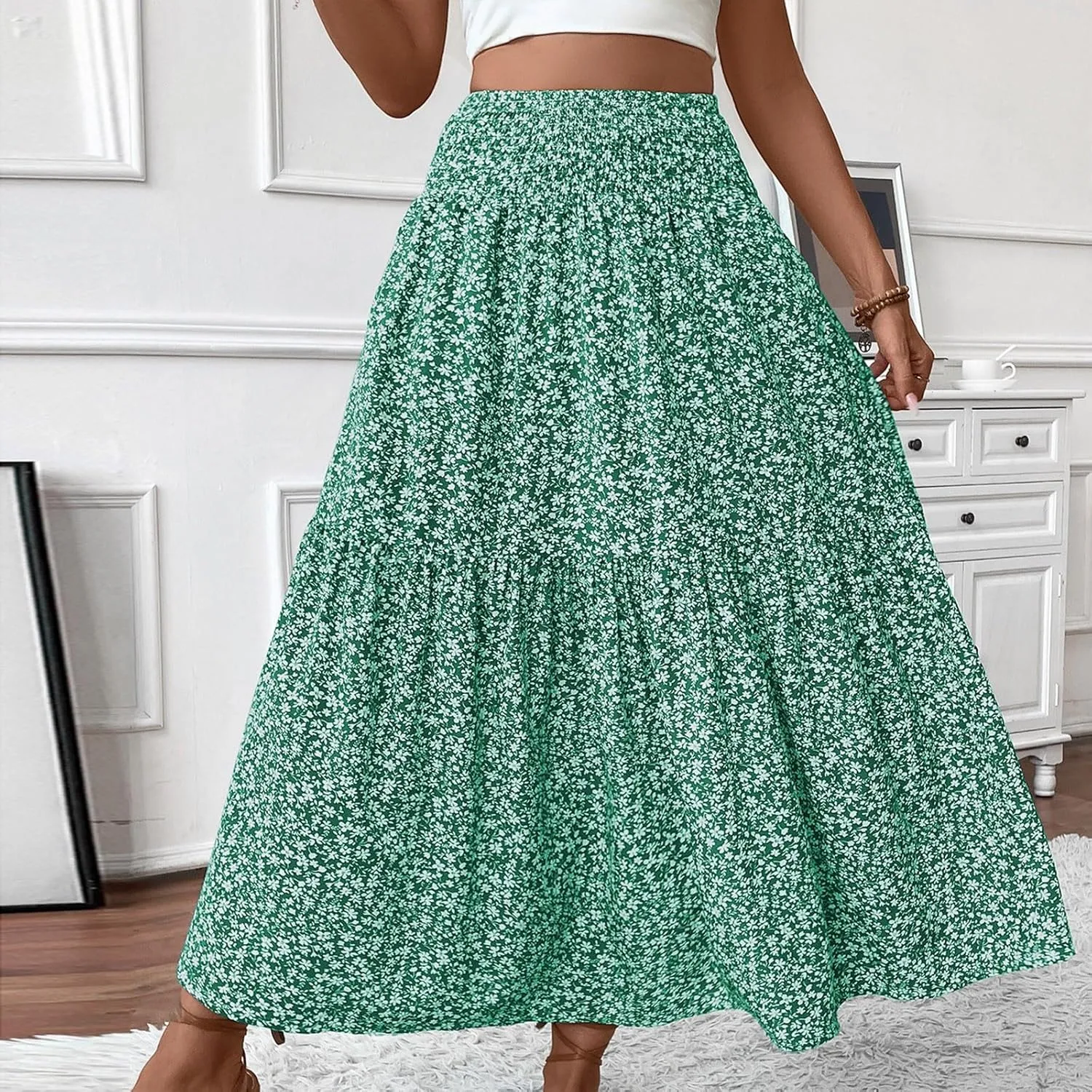 Floral Maxi Skirts for Women 2025 Boho Smocked High Waisted Aline Long Skirts Summer Vacation Beach Skirt with Pocket