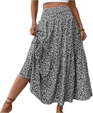 Floral Maxi Skirts for Women 2025 Boho Smocked High Waisted Aline Long Skirts Summer Vacation Beach Skirt with Pocket
