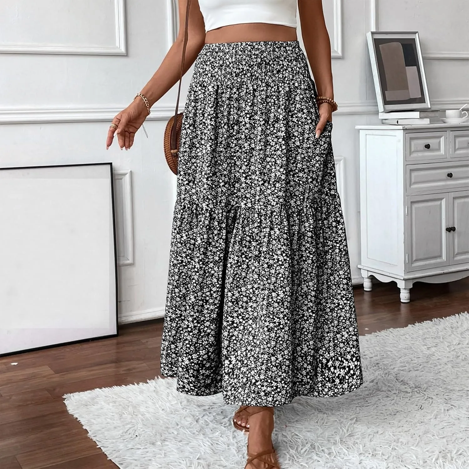 Floral Maxi Skirts for Women 2025 Boho Smocked High Waisted Aline Long Skirts Summer Vacation Beach Skirt with Pocket