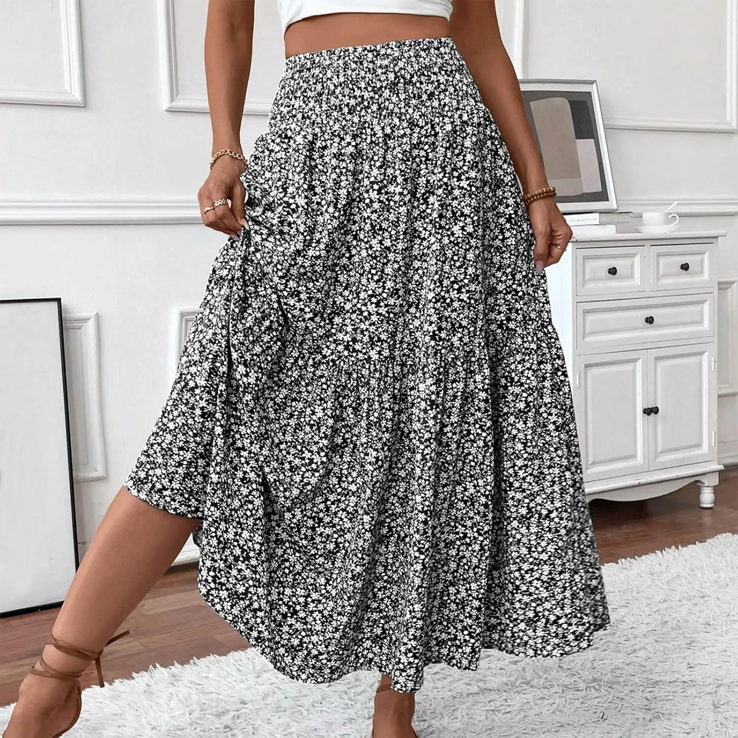 Floral Maxi Skirts for Women 2025 Boho Smocked High Waisted Aline Long Skirts Summer Vacation Beach Skirt with Pocket