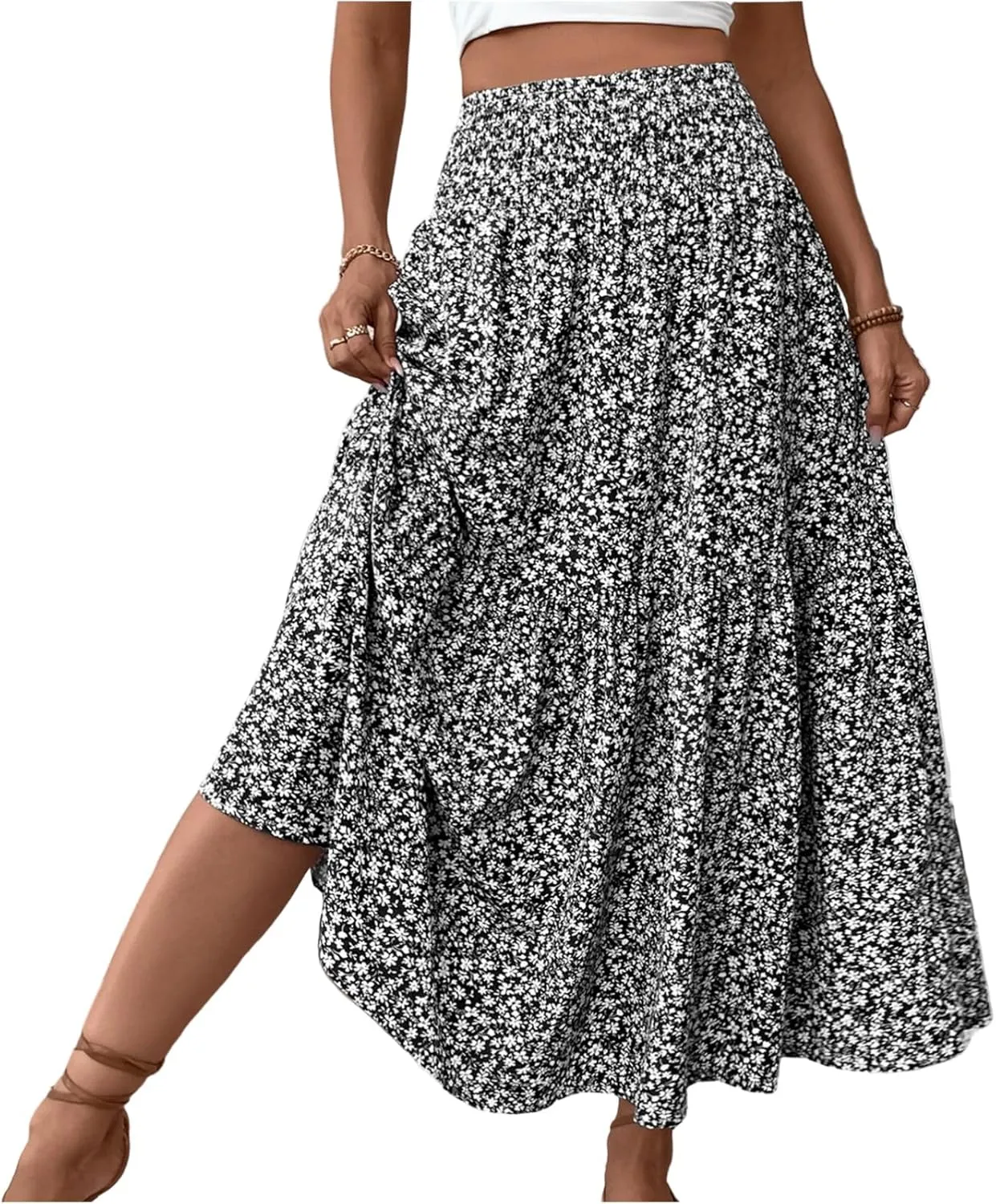 Floral Maxi Skirts for Women 2025 Boho Smocked High Waisted Aline Long Skirts Summer Vacation Beach Skirt with Pocket