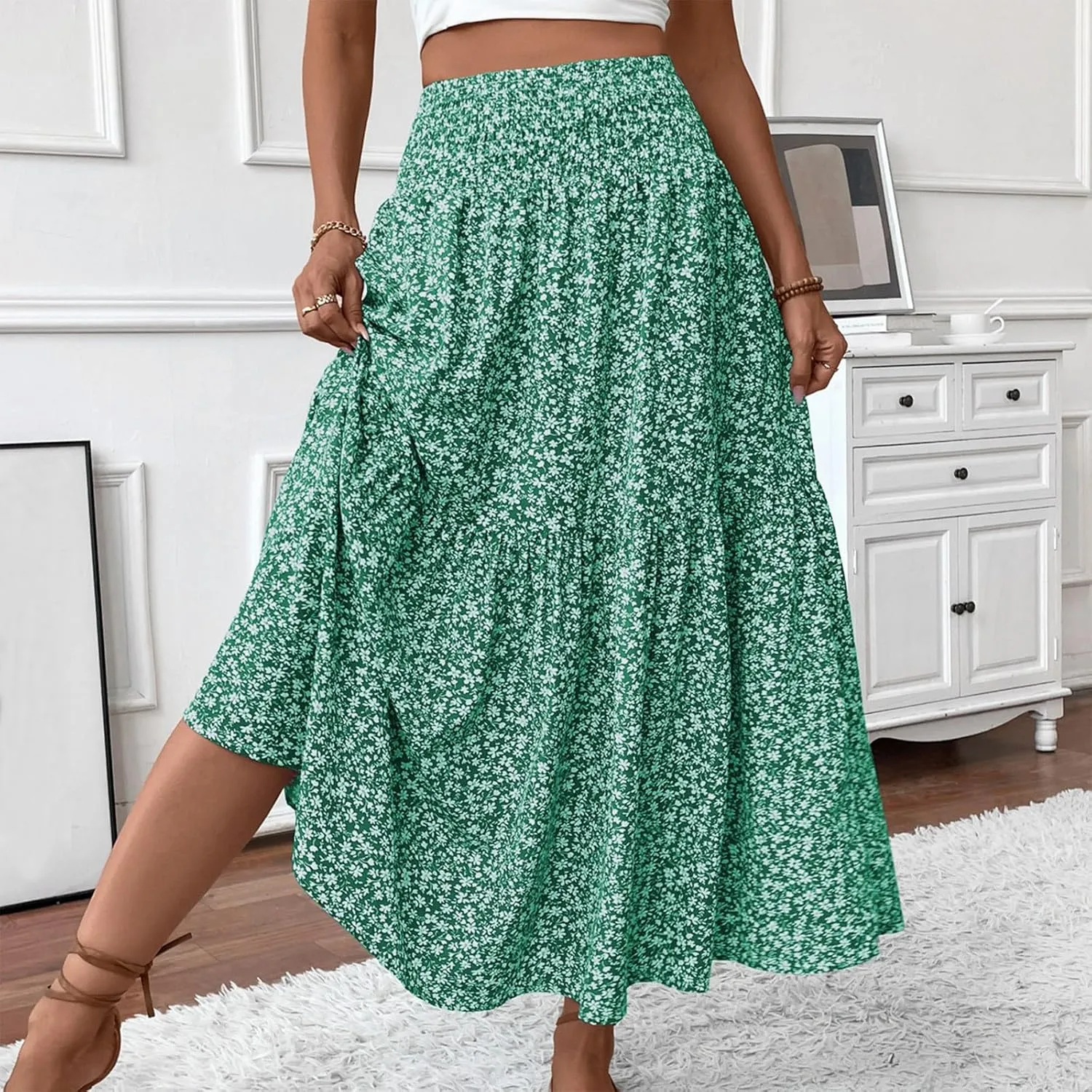 Floral Maxi Skirts for Women 2025 Boho Smocked High Waisted Aline Long Skirts Summer Vacation Beach Skirt with Pocket