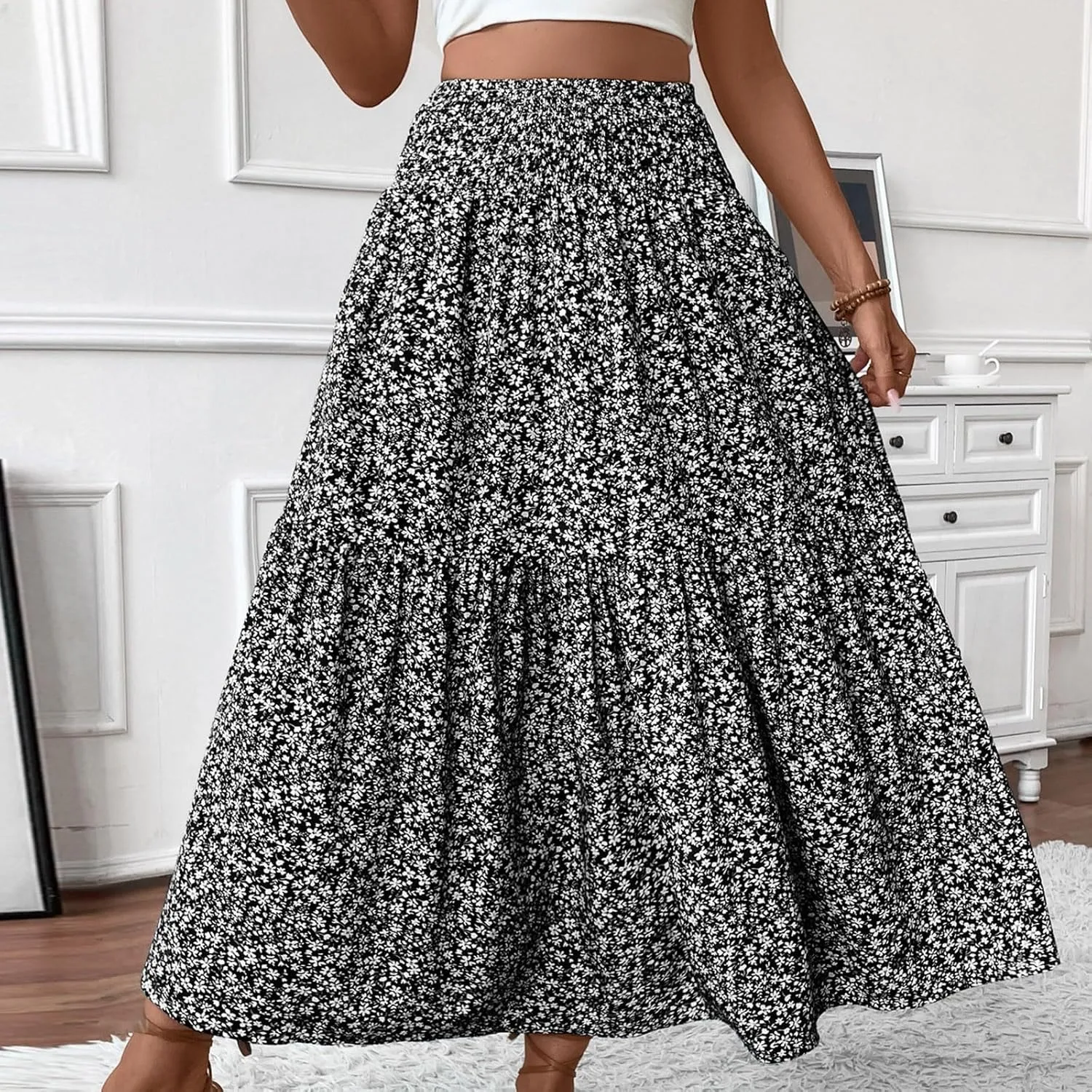 Floral Maxi Skirts for Women 2025 Boho Smocked High Waisted Aline Long Skirts Summer Vacation Beach Skirt with Pocket