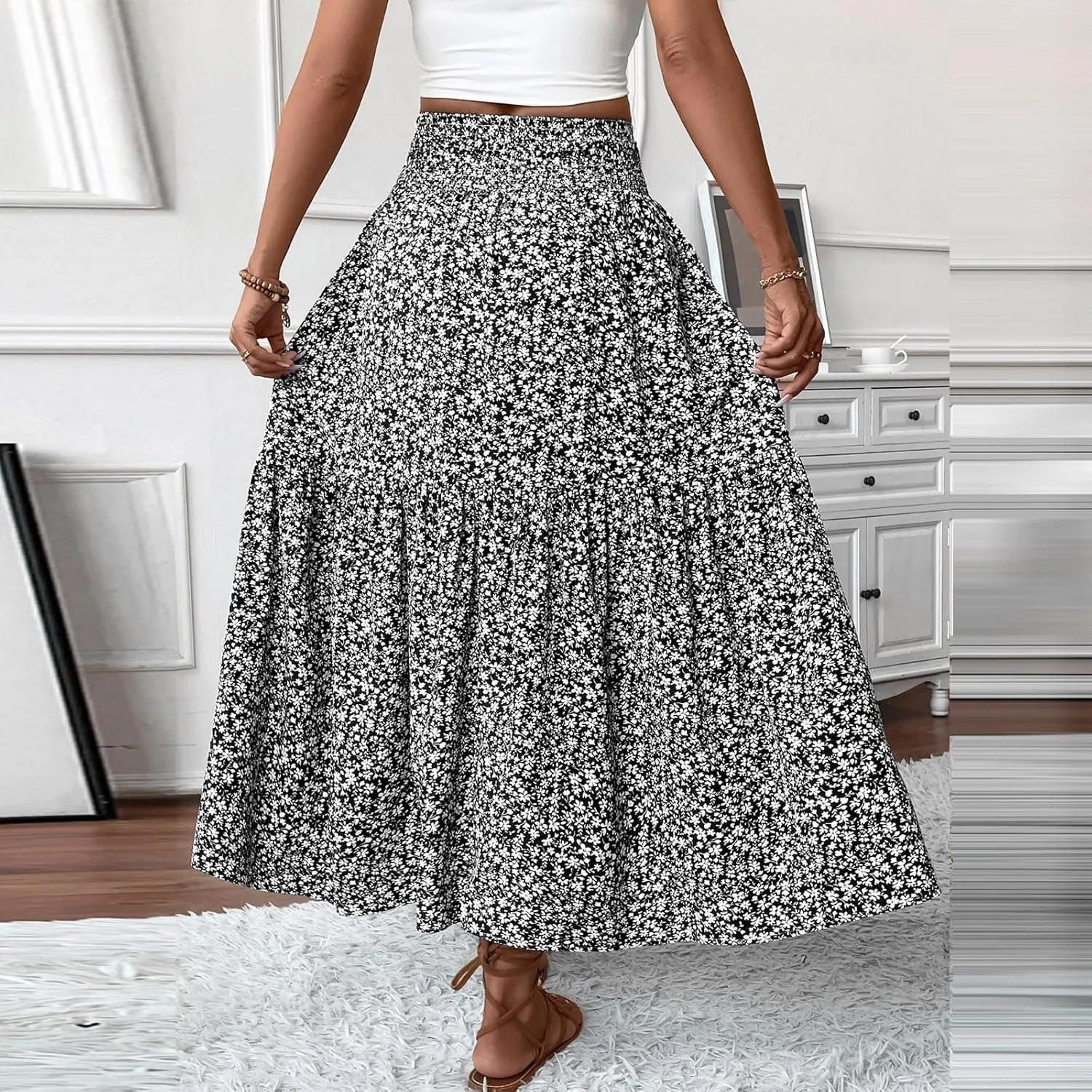 Floral Maxi Skirts for Women 2025 Boho Smocked High Waisted Aline Long Skirts Summer Vacation Beach Skirt with Pocket