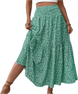 Floral Maxi Skirts for Women 2025 Boho Smocked High Waisted Aline Long Skirts Summer Vacation Beach Skirt with Pocket
