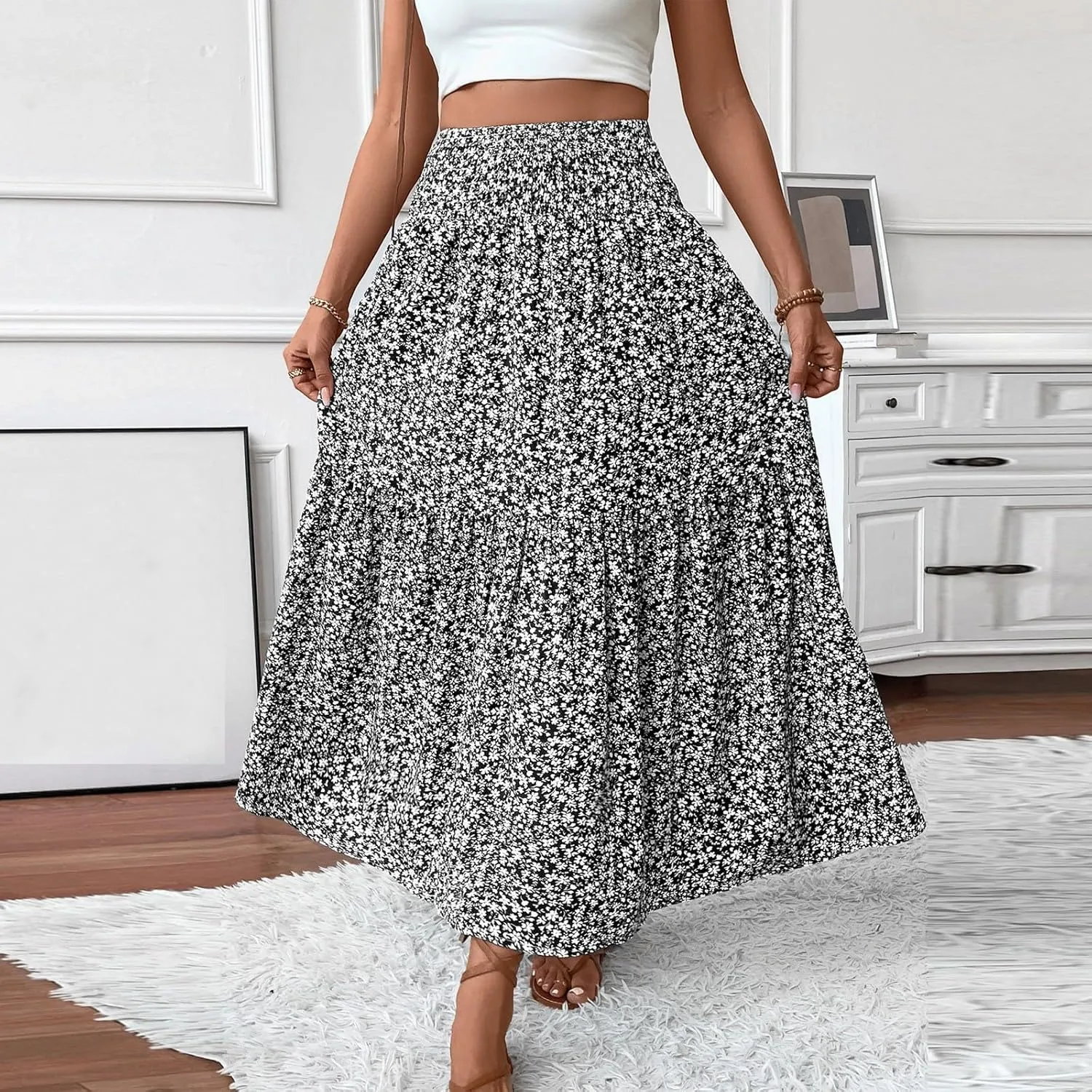 Floral Maxi Skirts for Women 2025 Boho Smocked High Waisted Aline Long Skirts Summer Vacation Beach Skirt with Pocket