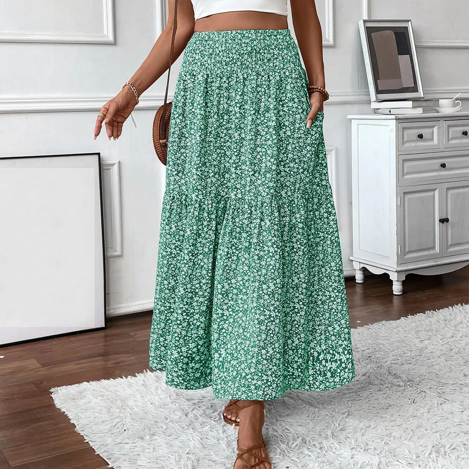 Floral Maxi Skirts for Women 2025 Boho Smocked High Waisted Aline Long Skirts Summer Vacation Beach Skirt with Pocket