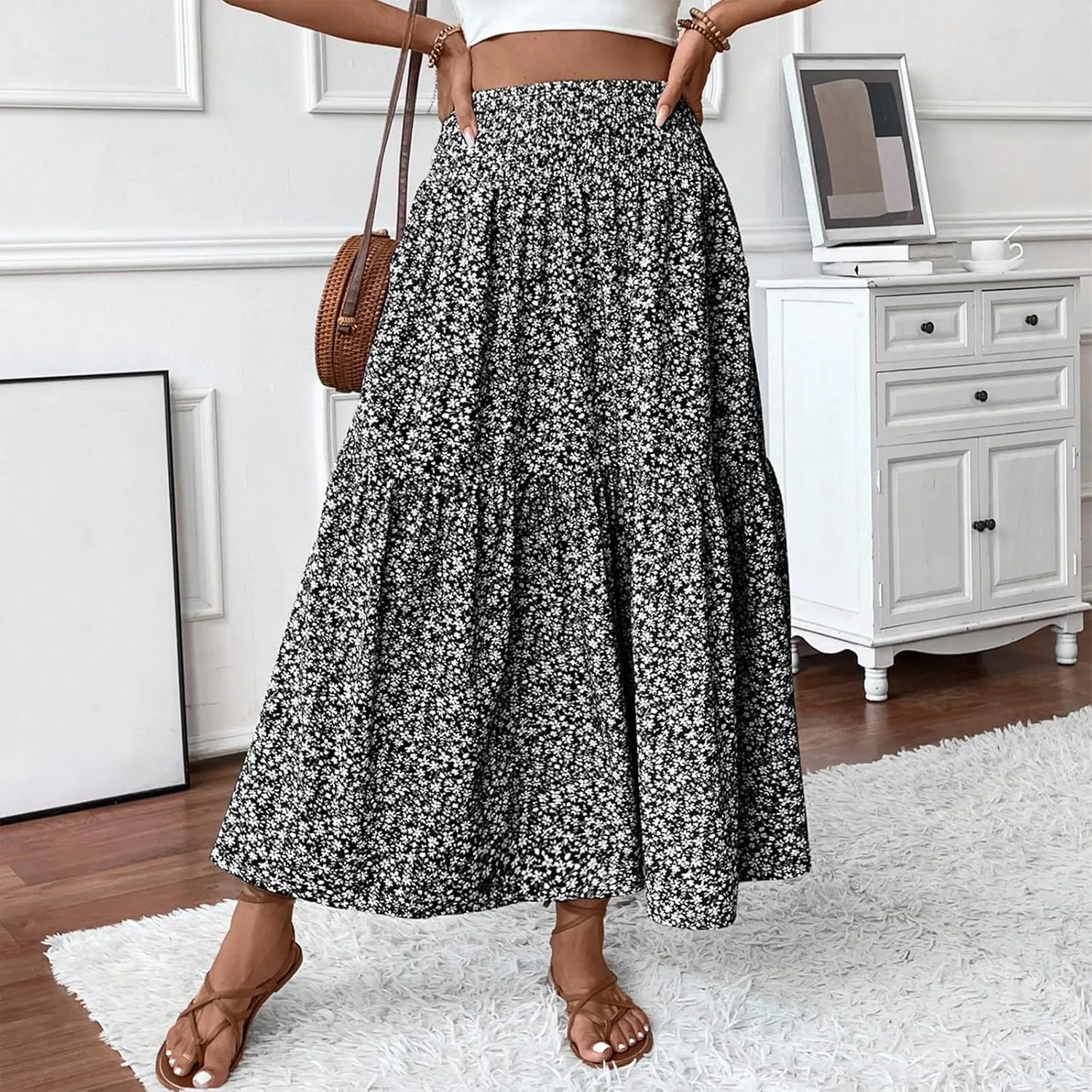 Floral Maxi Skirts for Women 2025 Boho Smocked High Waisted Aline Long Skirts Summer Vacation Beach Skirt with Pocket