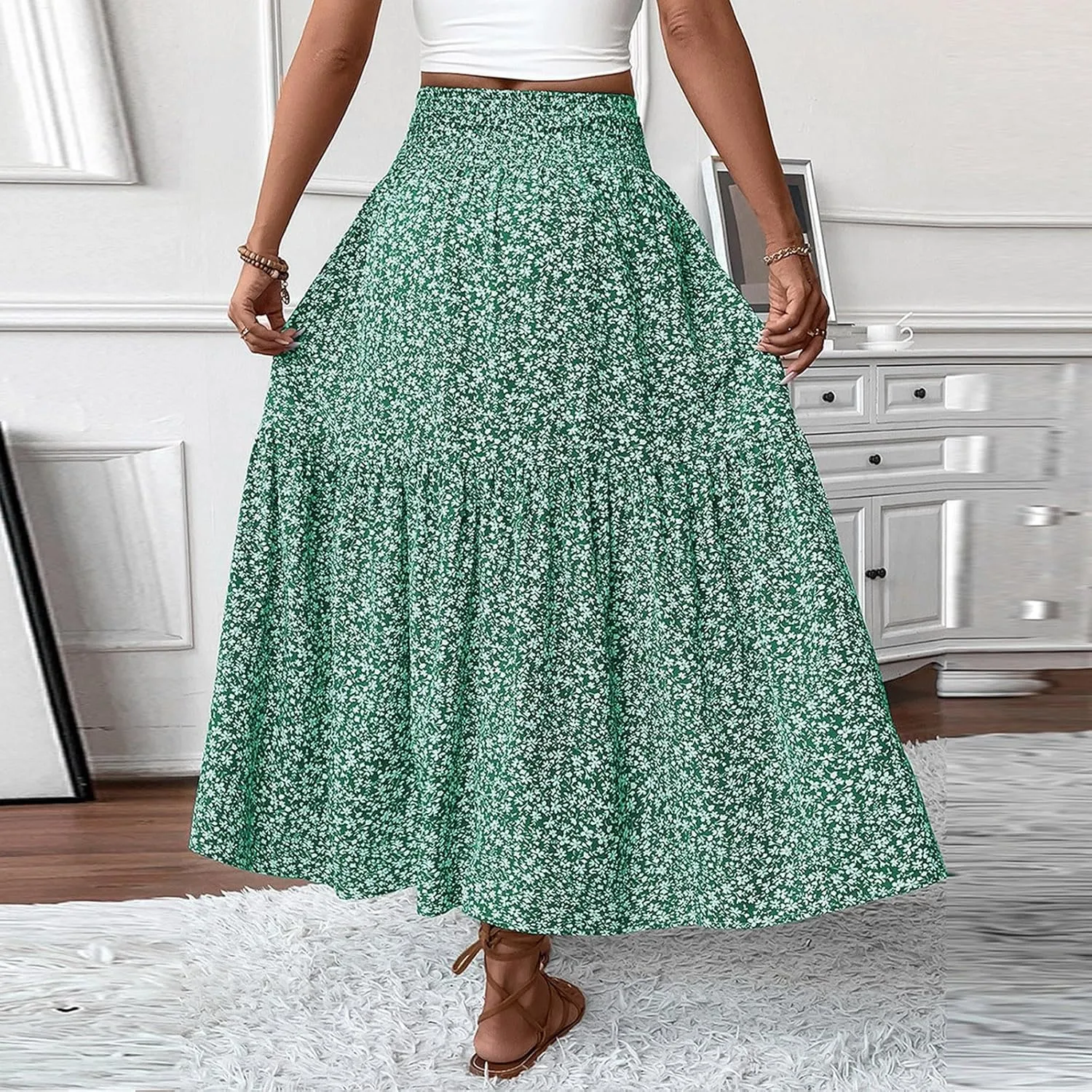 Floral Maxi Skirts for Women 2025 Boho Smocked High Waisted Aline Long Skirts Summer Vacation Beach Skirt with Pocket