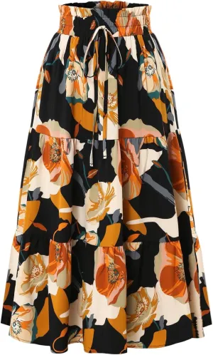 Floral Maxi Skirts for Women Cotton Tiered Long Skirts Trendy Boho Elastic High Waisted A Line Skirt Comfy Flowy Swing Long Skorts Cover Ups Ruffle Hem Spring Clothes 2025 Beach Vacation Black XL