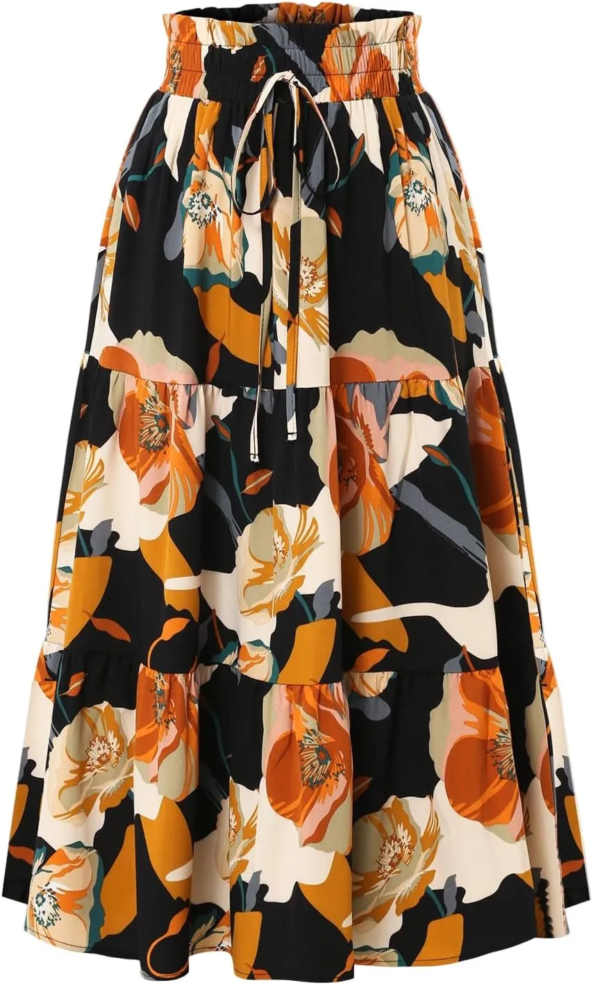 Floral Maxi Skirts for Women Cotton Tiered Long Skirts Trendy Boho Elastic High Waisted A Line Skirt Comfy Flowy Swing Long Skorts Cover Ups Ruffle Hem Spring Clothes 2025 Beach Vacation Black XL