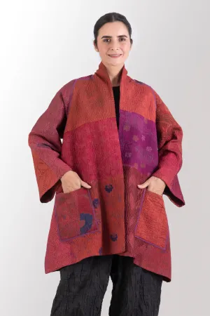 GEORGETTE JACQUARD VINTAGE SILK PATCH KANTHA A-LINE JACKET - gj4003-org -