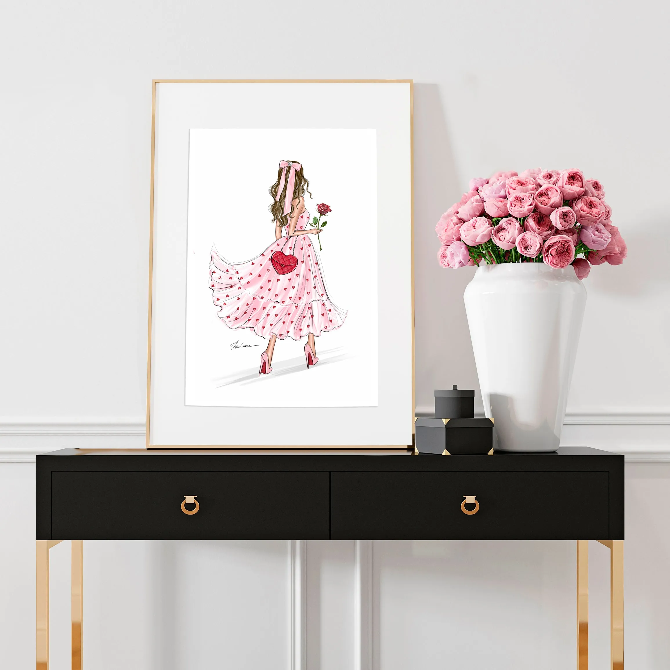 Girl in hearts dress with rose art print fashion illustration