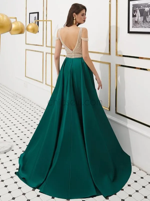 Gorgeous A-line Satin Backless Beaded Top Prom Dress, YKX032