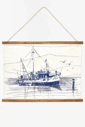 Lámina de tela y madera para colgar con barco pesquero - D6760